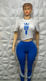 Blue & white colour block leggings set