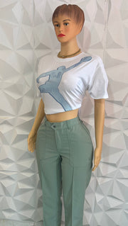 Green & white pants set