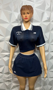 Navy blue mesh polo skirt set