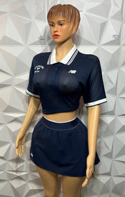 Navy blue mesh polo skirt set