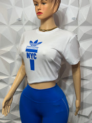 Blue & white colour block leggings set